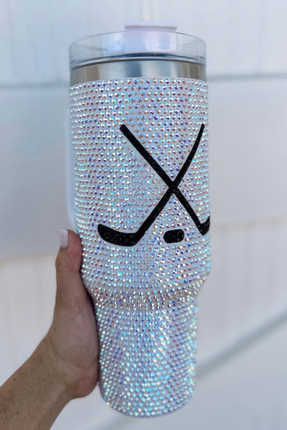 Vaso de 40 oz con asa, con diseño de diamantes de imitación para un día de partido de hockey brillante.