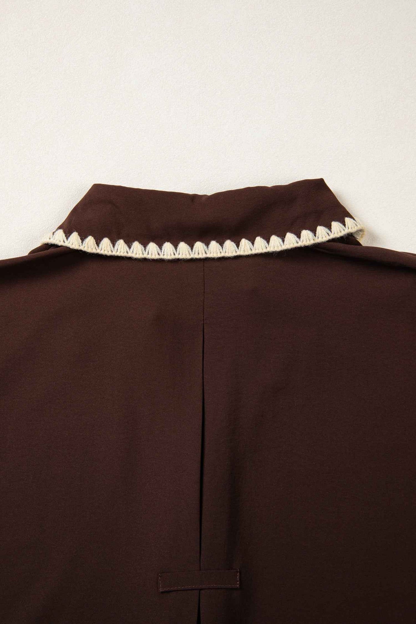 Coffee Shirt Collar Contrast Trim Button V Neck Short Sleeve Blouse