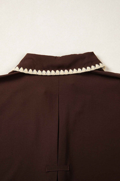 Coffee Shirt Collar Contrast Trim Button V Neck Short Sleeve Blouse