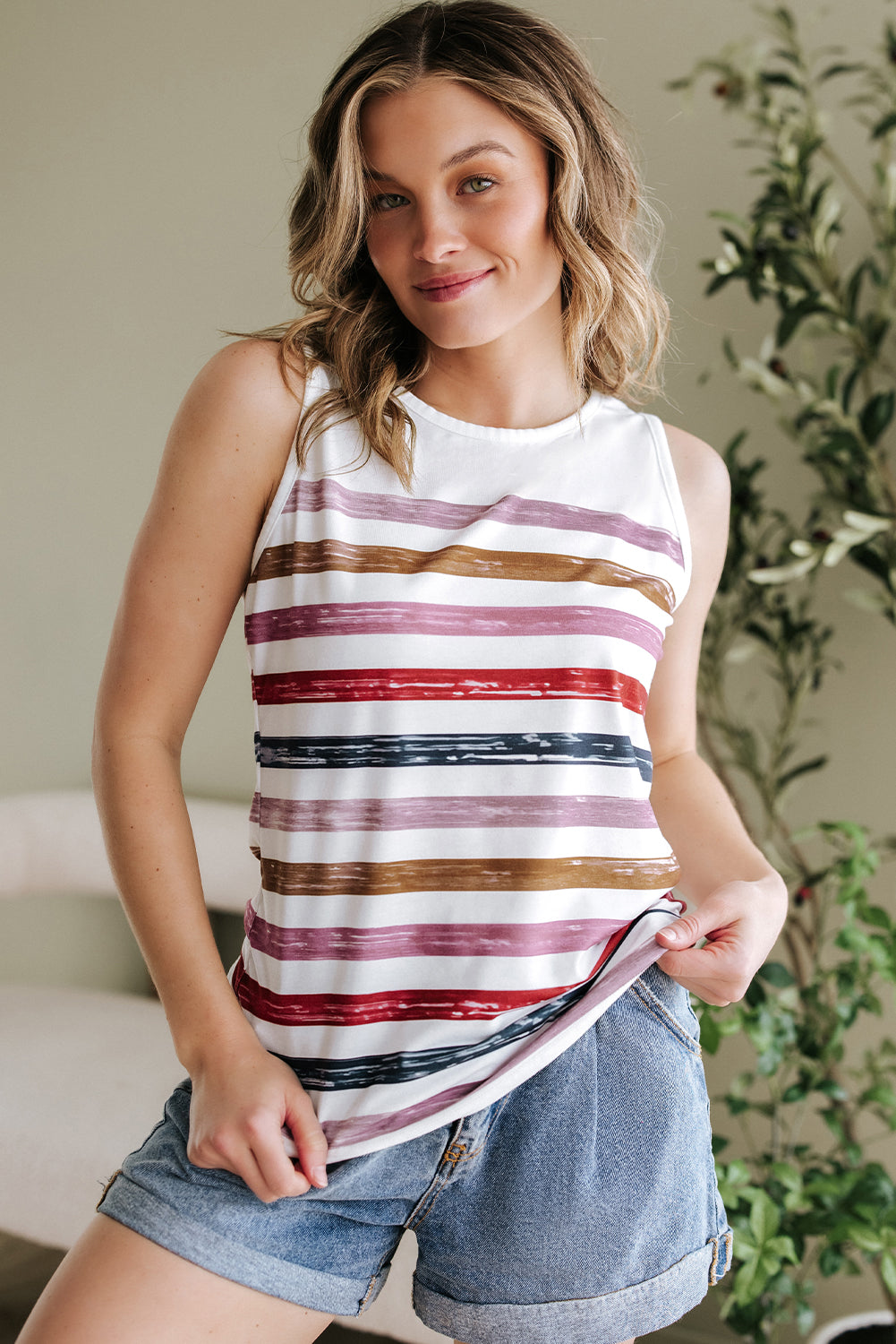 Red Stripe Rainbow Round Neck Tank Top - Snoopy's Closet