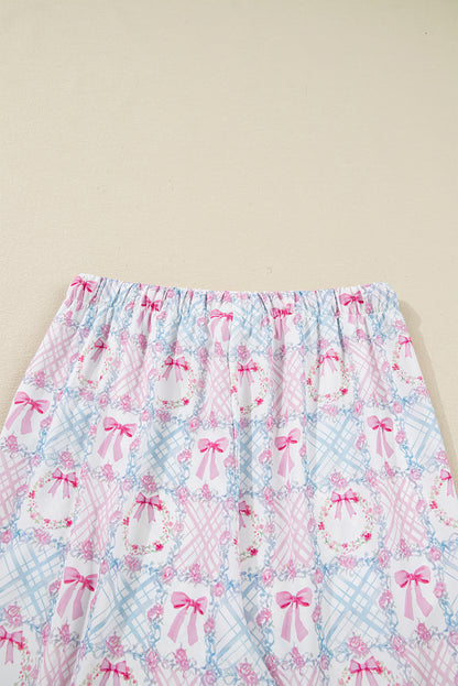 Pink Bow Wreath Pattern Christmas Holiday Tied Front Long Sleeve 2pcs Pajama Set - Snoopy's Closet