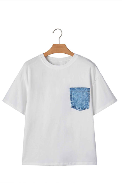 White Color Block Chest Pocket Patched Casual Short Sleeve Top
