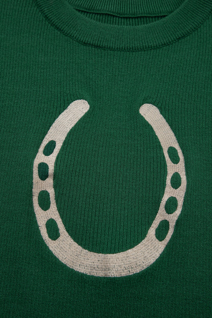 Blackish Green Horseshoe Graphic Western Short Sleeve Sweater - Snoopy's Closet