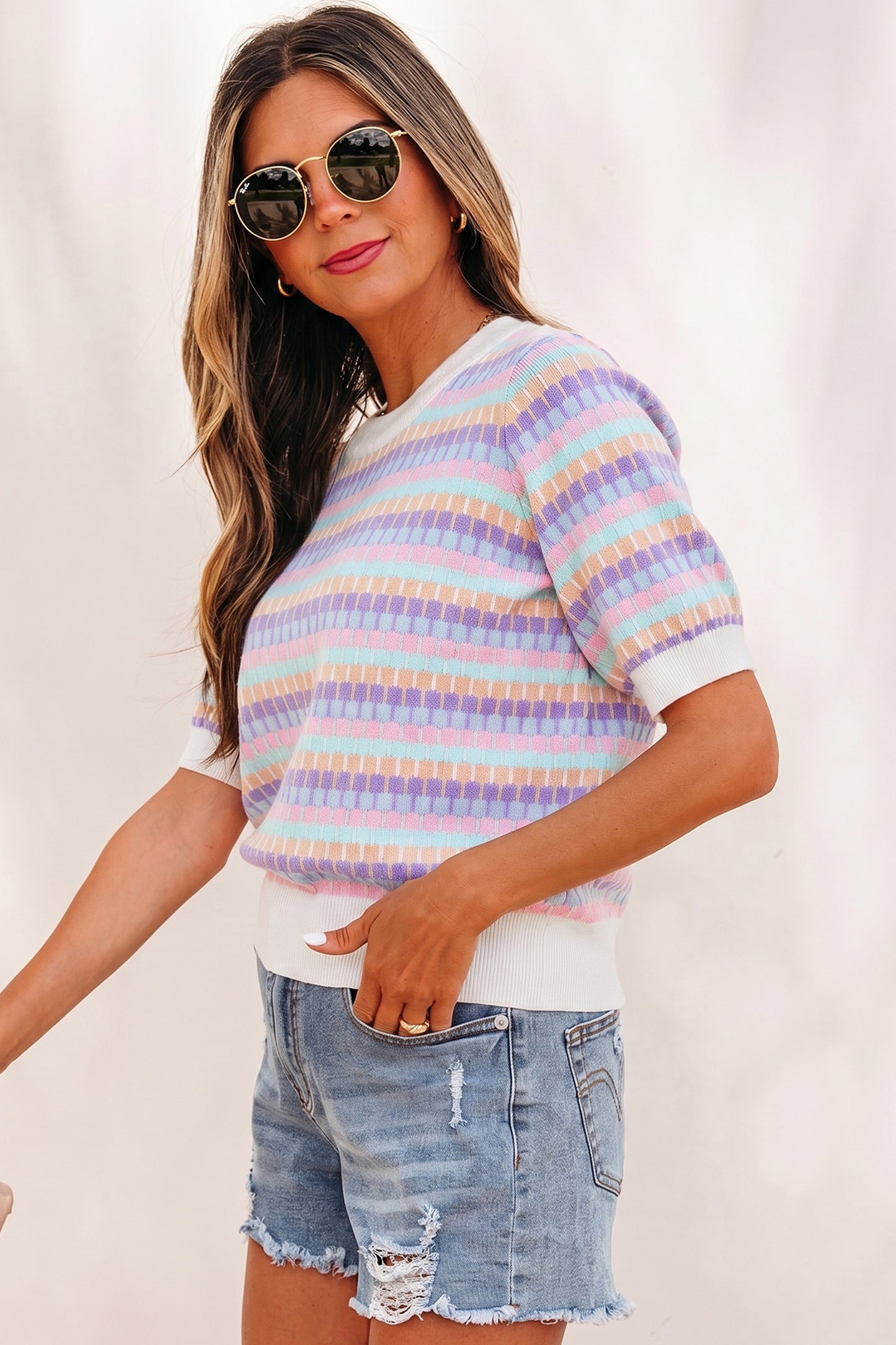 Orange Abstract Striped Knit Short Sleeve Sweater - Snoopy's Closet