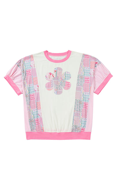 Camiseta de algodón de manga corta con estampado floral patchwork y bordado, talla grande, color beige