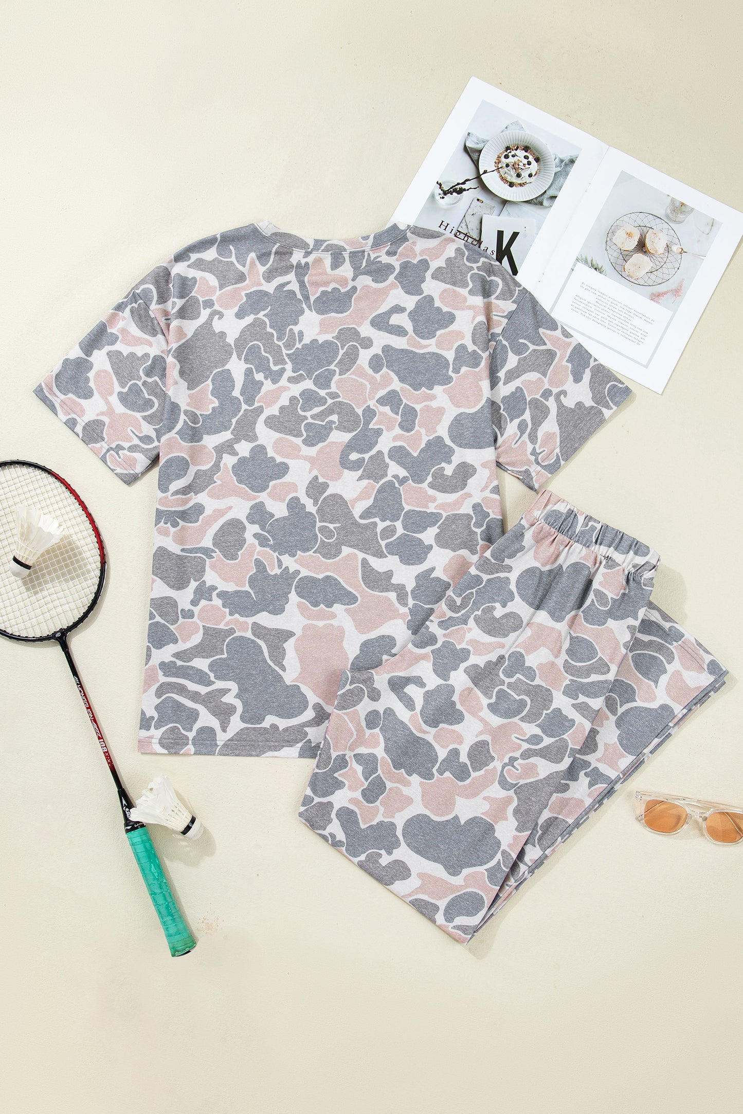 Multicolour Camouflage Short Sleeve Top and High Waist Wide Leg Pants Set - Snoopy's Closet
