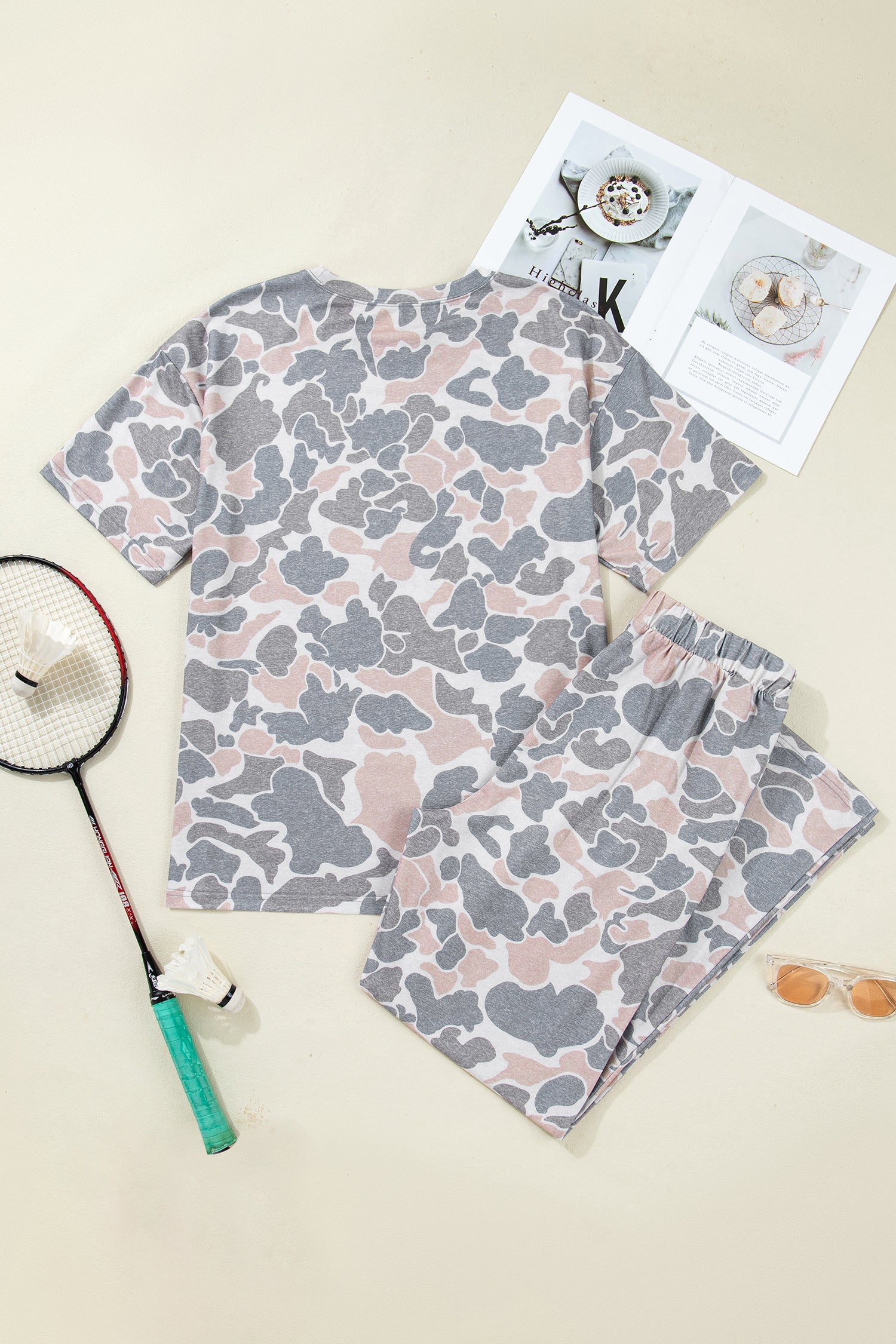 Multicolour Camouflage Short Sleeve Top and High Waist Wide Leg Pants Set - Snoopy's Closet
