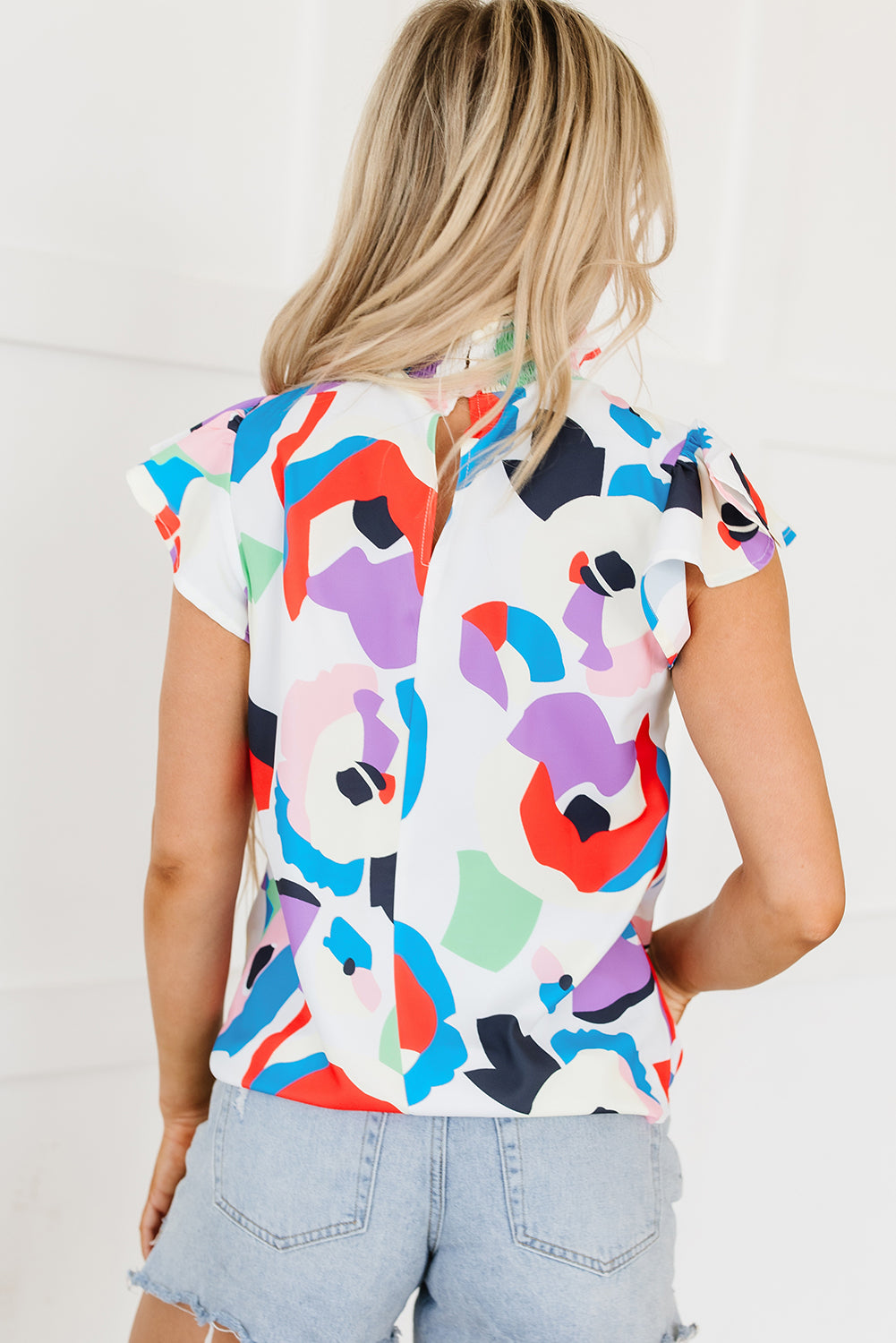 Multicolor Abstract Print Ruffle Sleeve Smocked Blouse - Snoopy's Closet