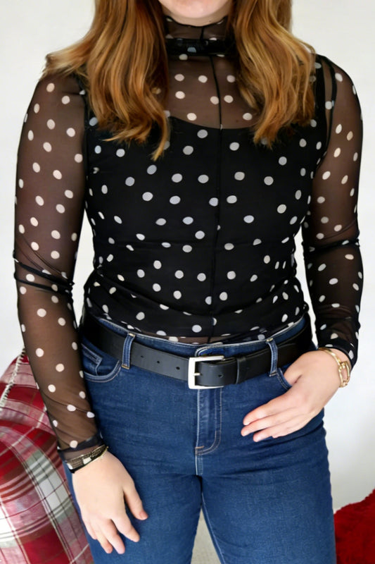 Top de Malla de Manga Larga con Cuello Alto y Lunares Tallas Grandes Negro