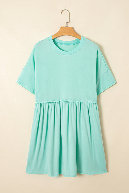 Moonlight Jade Solid Color Pocketed Raw Edge Babydoll Dress