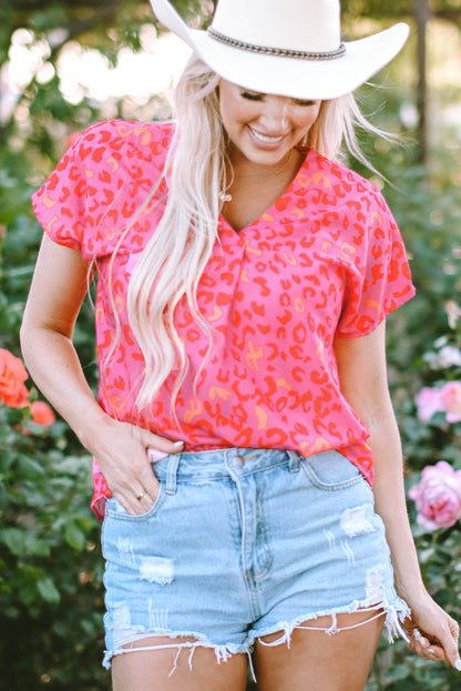 Pink Leopard V Neck Short Sleeve Blouse - Snoopy's Closet