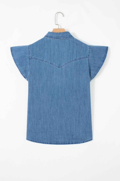 Dusk Blue Ruffled Short Sleeve Denim Shirt