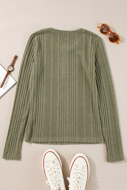 Jungle Green Ribbed Knit Half Button Slim Fit Blouse - Snoopy's Closet