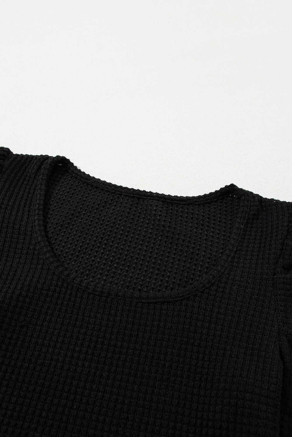 Black Waffle Knit Ruched Puff Sleeve Top - Snoopy's Closet