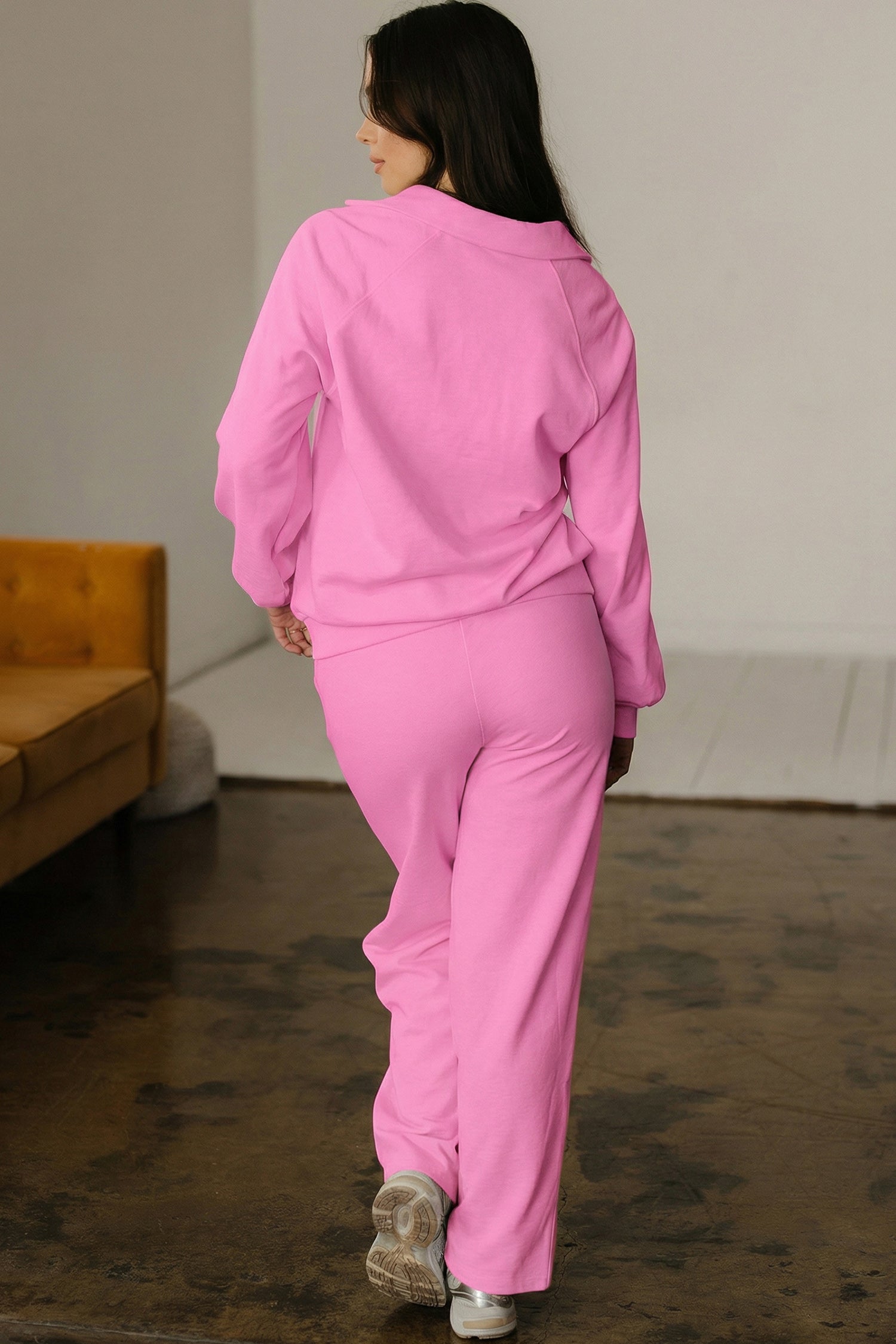 Bright Pink Polo Collar V Neck Pullover and Drawstring Sweatpants Set - Snoopy's Closet