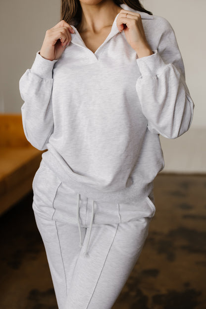 Light Grey Polo Collar V Neck Pullover and Drawstring Sweatpants Set - Snoopy's Closet