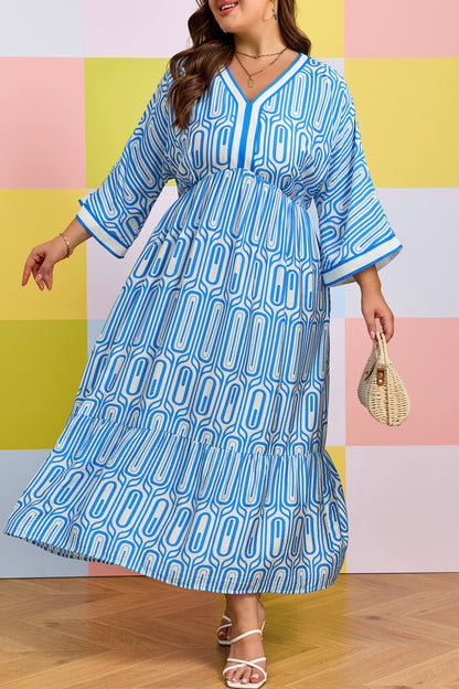 Vestido largo con estampado geométrico de talla grande en azul cielo con ribete en contraste y cuello en V de manga pulsera