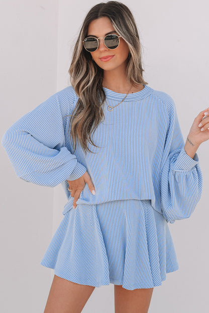 Sky Blue Corded Lantern Sleeve Top High Waist Ruffled Mini Skort Set - Snoopy's Closet