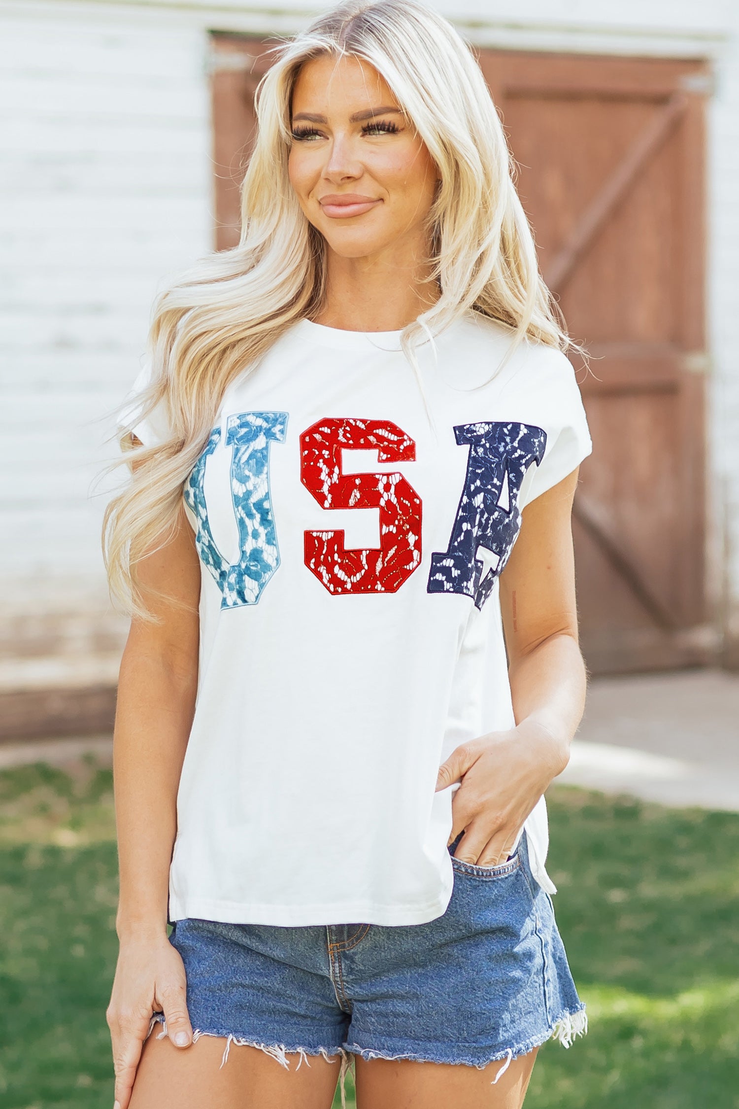 White USA Color Block Letter Printed Dolman Tee - Snoopy's Closet