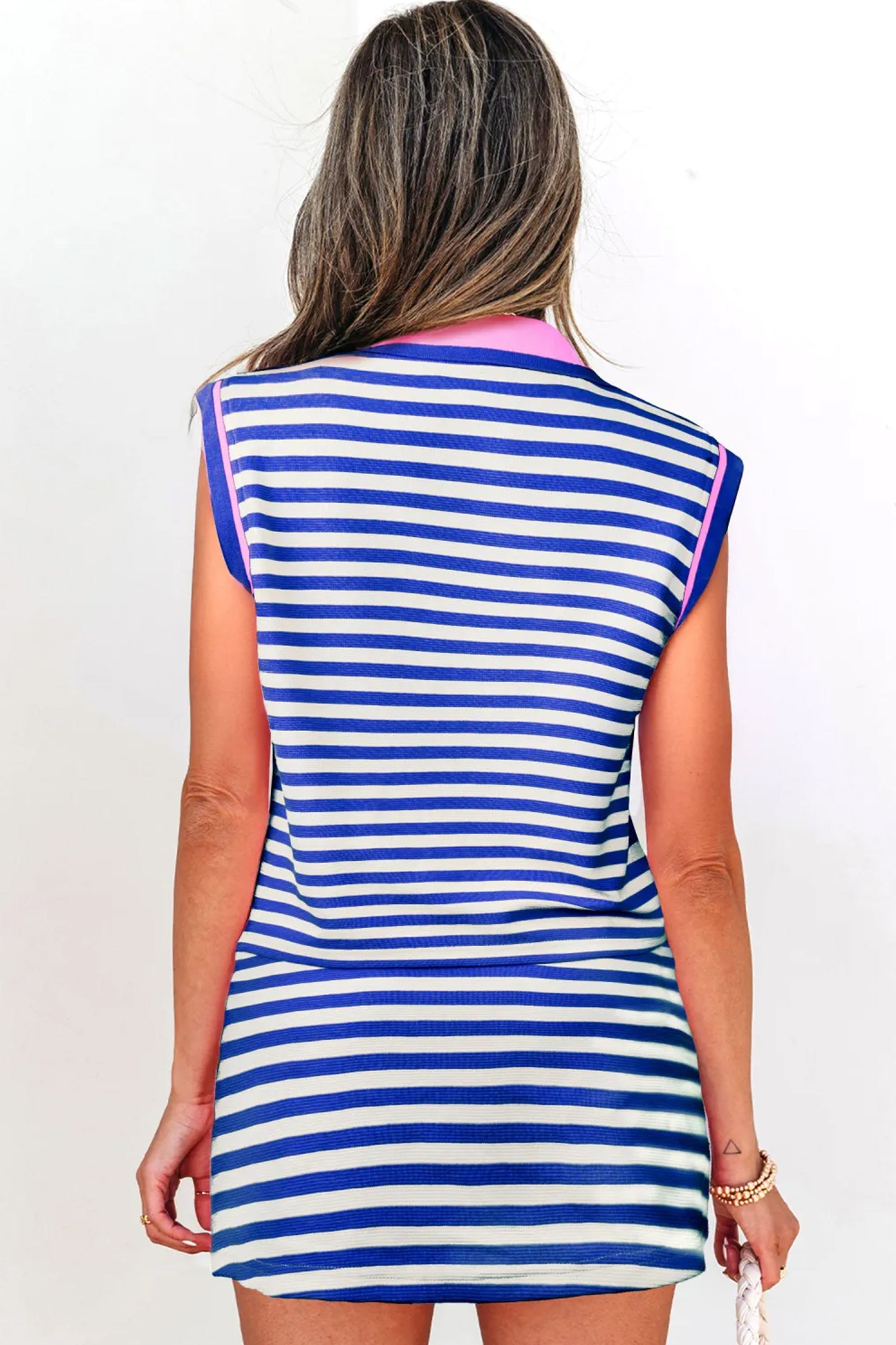 Dark Blue Textured Stripe Print Contrast Trim Zip Collar Sleeveless 2pcs Skort Set - Snoopy's Closet