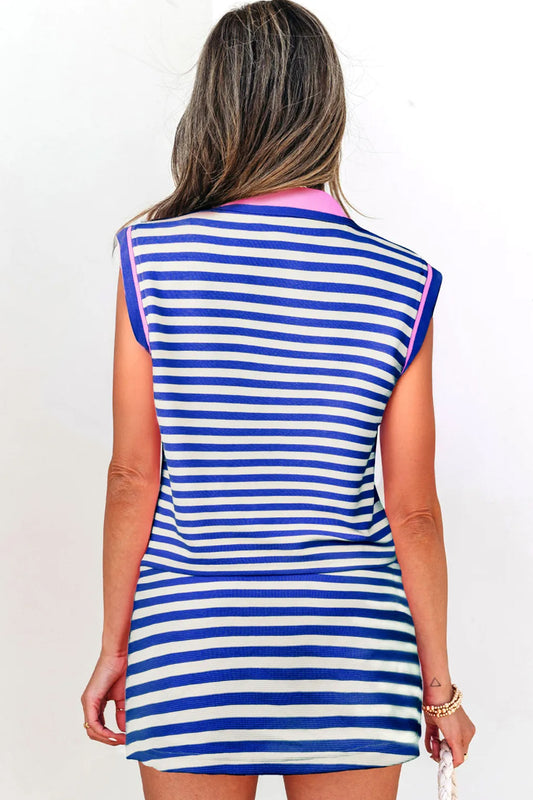 Dark Blue Textured Stripe Print Contrast Trim Zip Collar Sleeveless 2pcs Skort Set - Snoopy's Closet