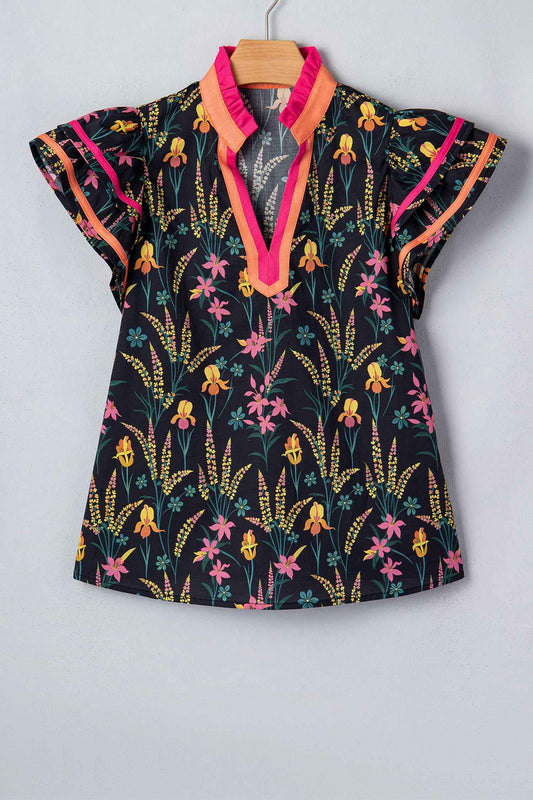 Black Floral Print Contrast Trim Tiered Ruffled Short Sleeve Blouse