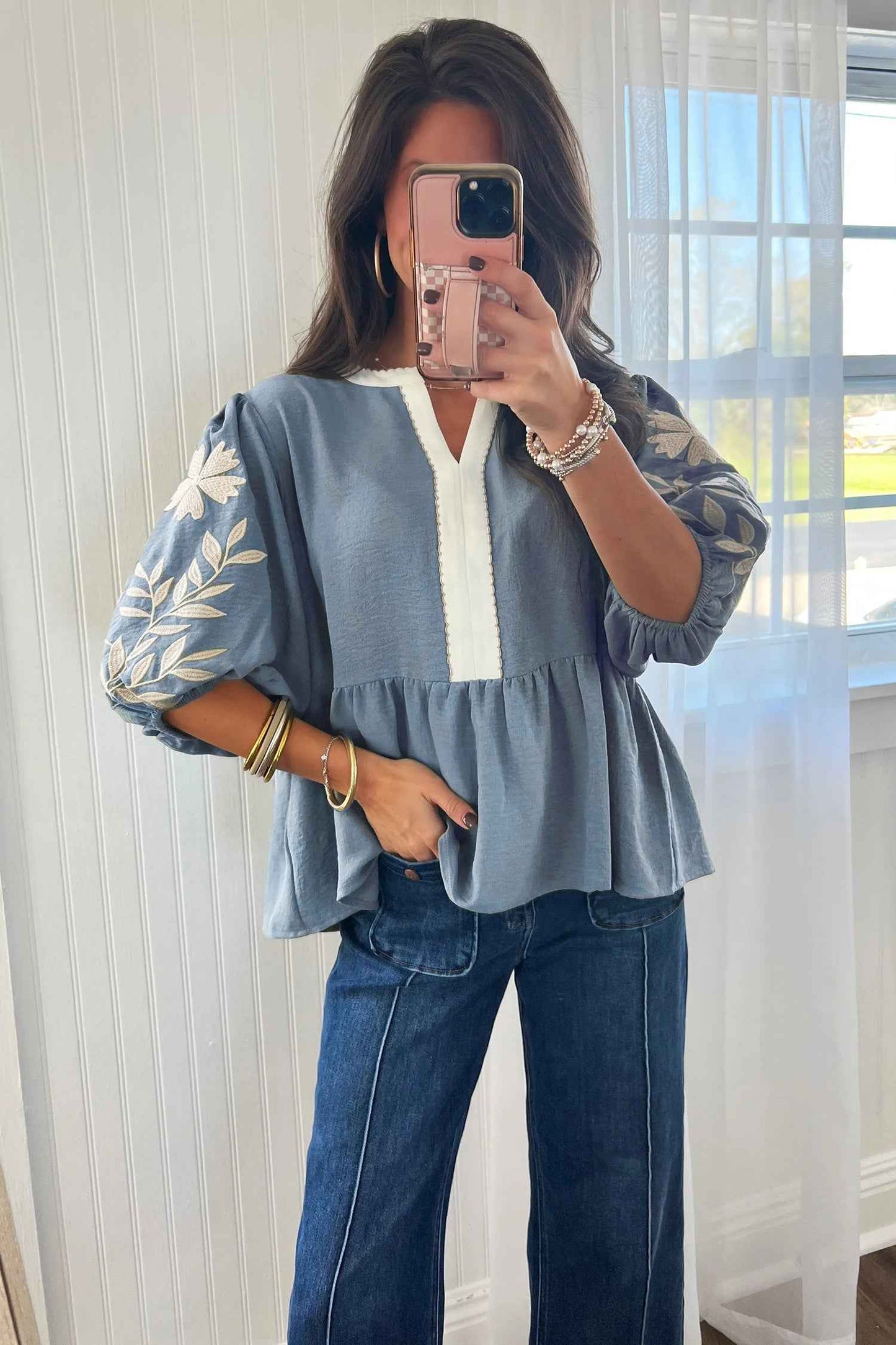 Myosotis Color Block Patchwork V Neck Embroidered Puff Sleeve Babydoll Blouse