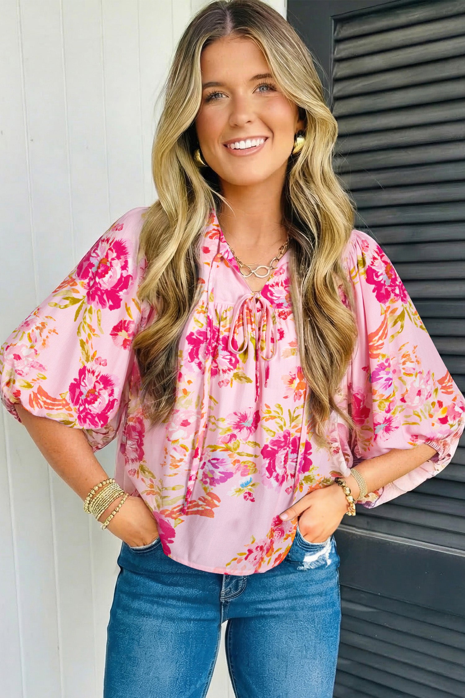 Pink Floral Print Tie Neck Puffy Half Sleeve Blouse - Snoopy's Closet