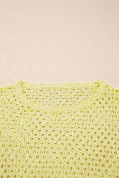 Blusa de punto calada de manga larga amarilla con ribete festoneado