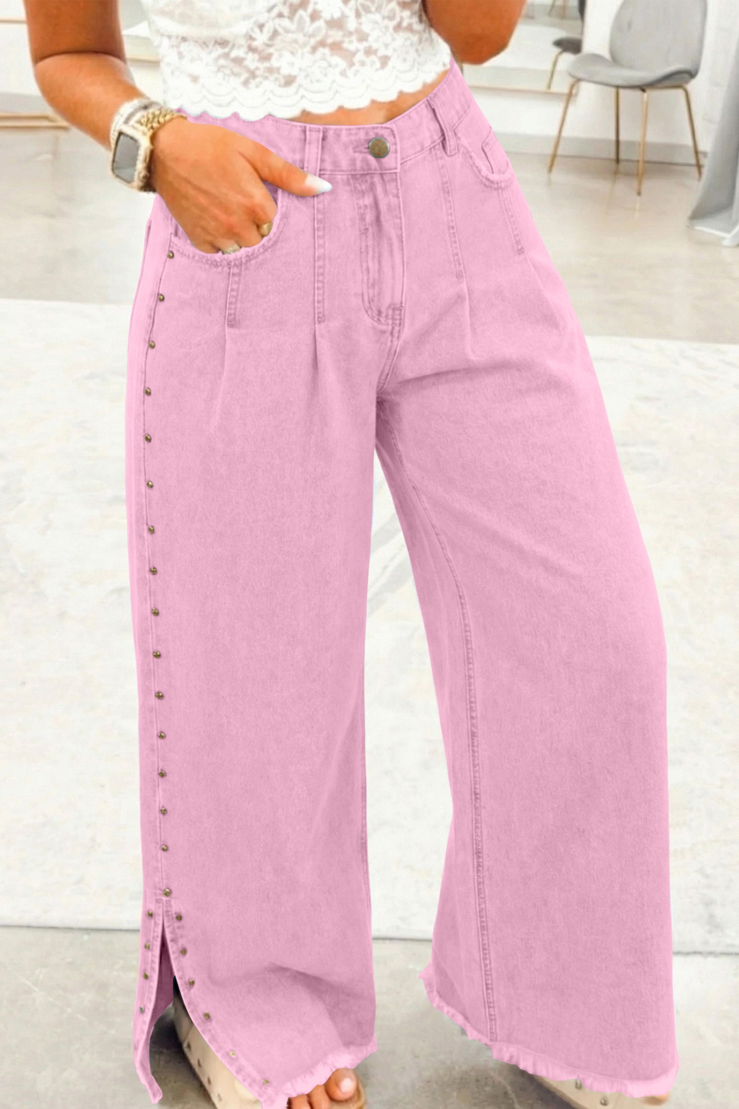Pink Beaded Side Detail Split Loose Jeans - Snoopy's Closet