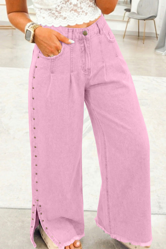 Pink Beaded Side Detail Split Loose Jeans - Snoopy's Closet