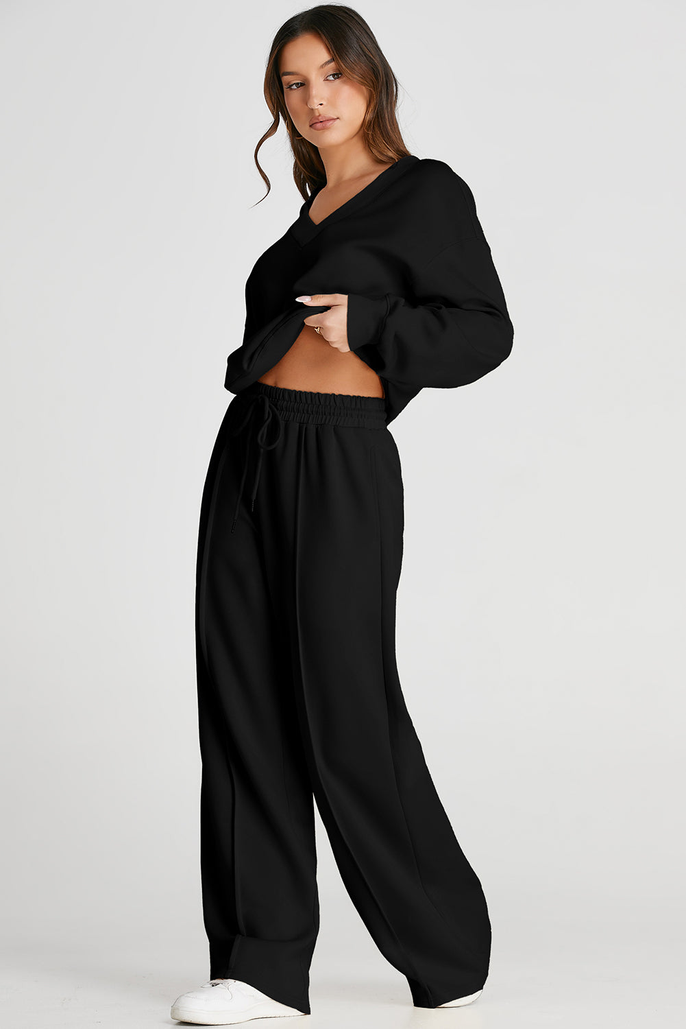 Ropa deportiva de cintura alta, cuello en V, corta, con costuras, negra