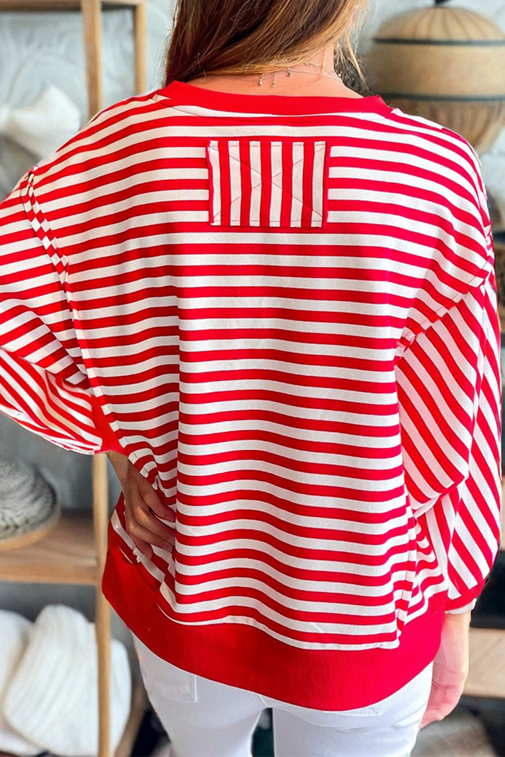 Red Stripe Christmas Nutcracker Sequin Patched Drop Shoulder Top - Snoopy's Closet