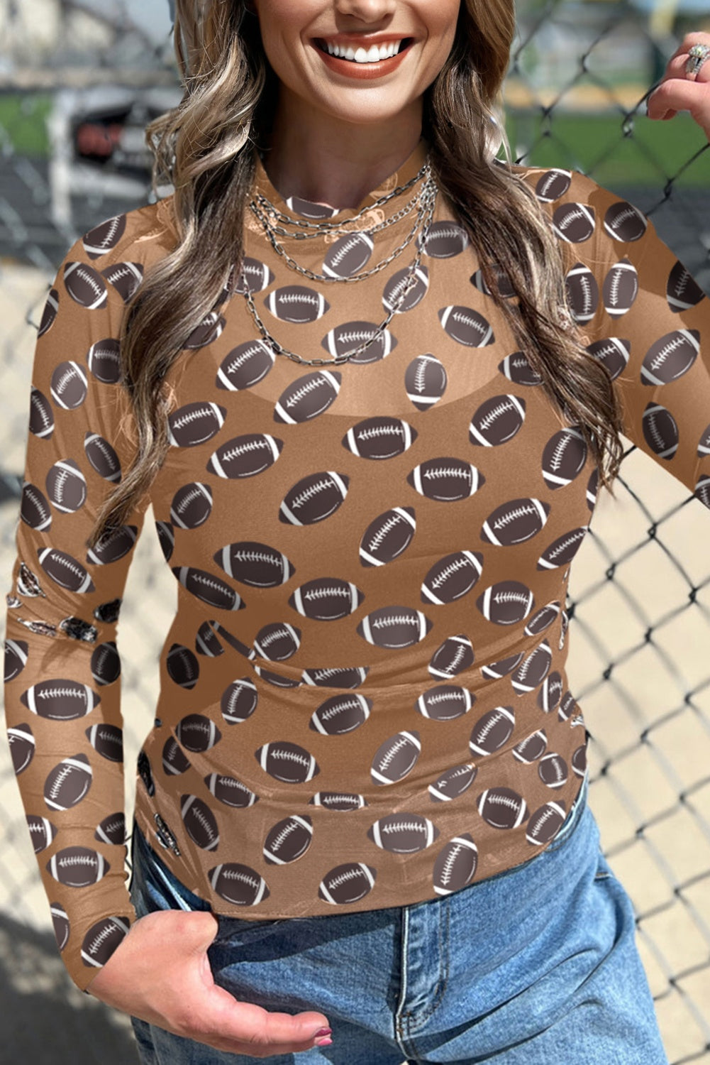 Brown Game Day Rugby Mesh Sheer Long Sleeve Top - Snoopy's Closet