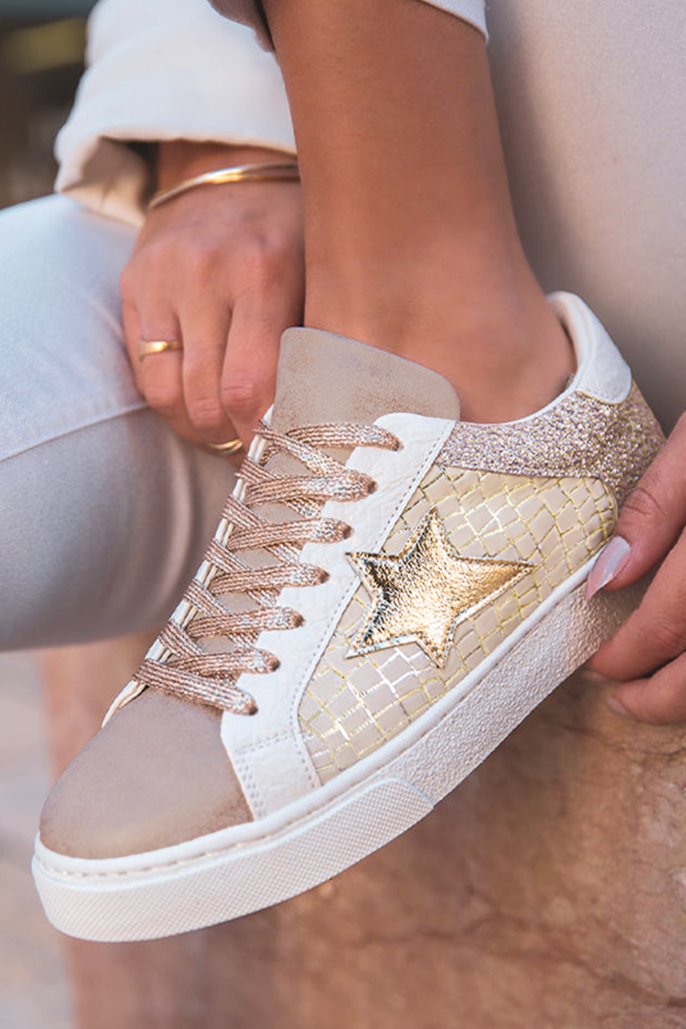 Tillandsia Purple Dearlove Glitter Star Patchwork PU Leather Lace-up Sneakers - Snoopy's Closet