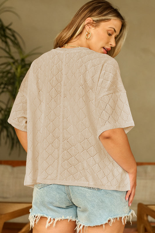 Top de Punto Suelto con Cuello en V de Talla Grande con Diseño de Rombos Calados Golden Fleece