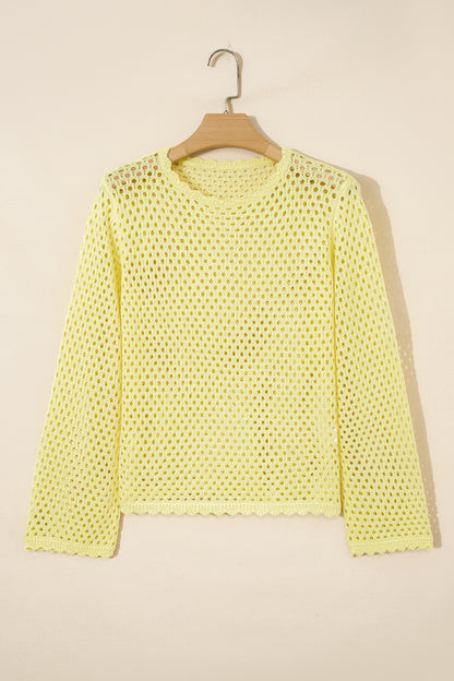 Blusa de punto calada de manga larga amarilla con ribete festoneado