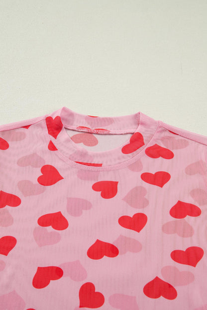 Pink Valentines Heart Printed Sheer Mesh Long Sleeve Top - Snoopy's Closet