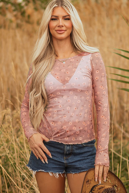 Pink Vintage Floral Print Southern Style Mesh Long Sleeve Top - Snoopy's Closet