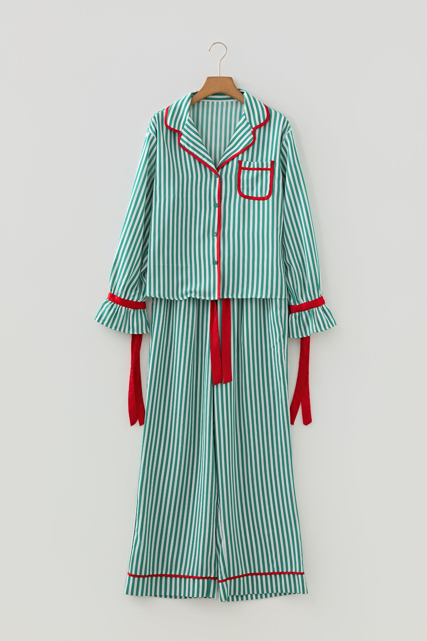 Green Stripe Contrast Velvet Trim Bow Knot Waist 2pcs Pajama Set - Snoopy's Closet