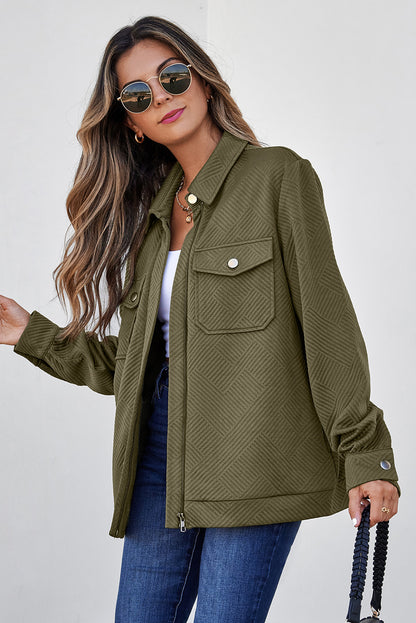 Chaquetas con cuello, color verde negruzco sólido, con cremallera y solapa con botones