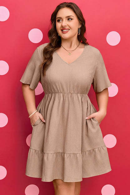 Vestido Texturizado de Manga Corta con Volantes Talla Grande Color Caqui Oscuro