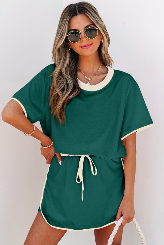 Conjunto de 2 piezas de camiseta con bloques de color y borde Evergreen con hombros caídos y falda pantalón