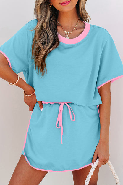 Conjunto de 2 piezas de camiseta con bloques de color turquesa y hombros caídos y falda pantalón