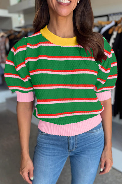 Top de punto de manga corta con ribete de bloques de color y raya verde