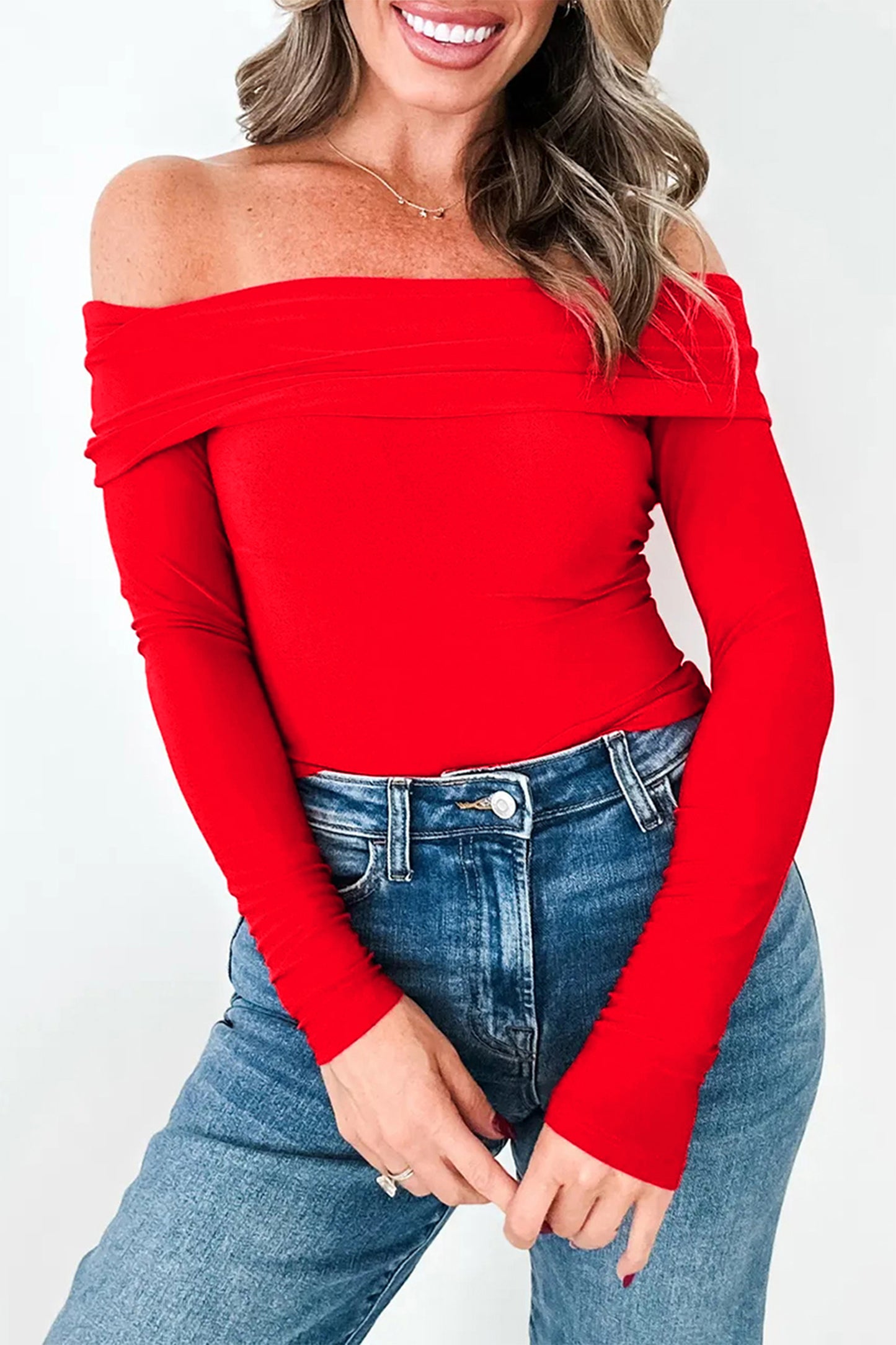 Fiery Red Foldover Off Shoulder Long Sleeve Slim Top - Snoopy's Closet