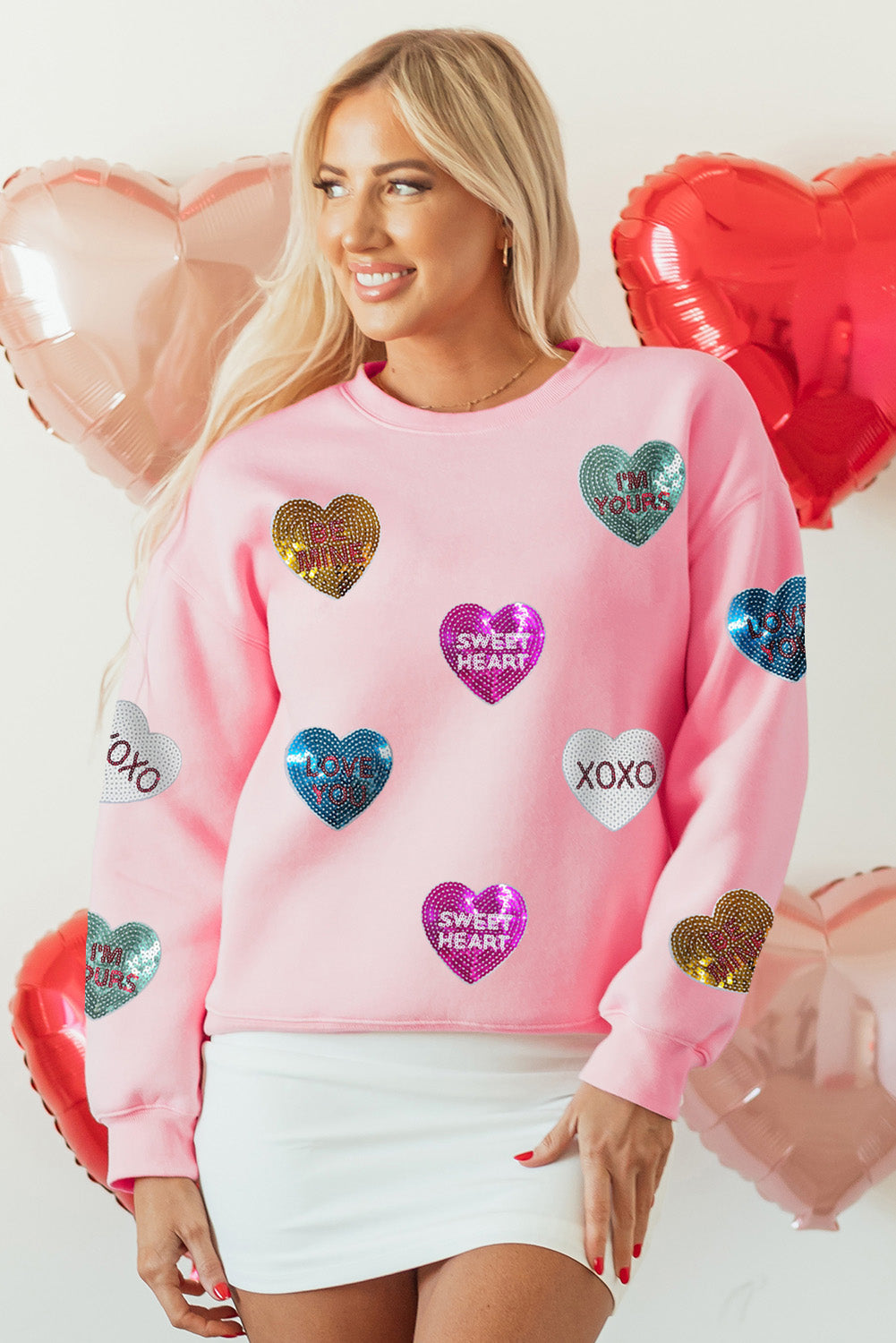 Sudadera de San Valentín con corazón gráfico y letras románticas de lentejuelas rosas