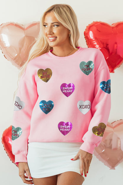 Sudadera de San Valentín con corazón gráfico y letras románticas de lentejuelas rosas