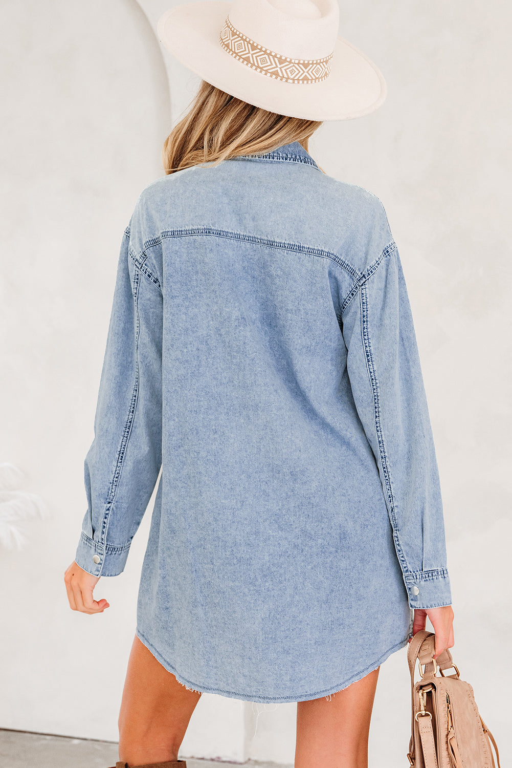 Blue Beau Chest Pocket Raw Hem Denim Loose Shirt Dress - Snoopy's Closet