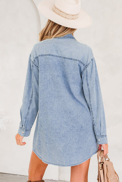 Blue Beau Chest Pocket Raw Hem Denim Loose Shirt Dress - Snoopy's Closet